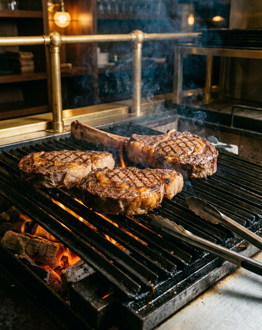 Dry-aged ribeye en côte de bœuf op de gietijzeren roosters boven gloeiende houtskool