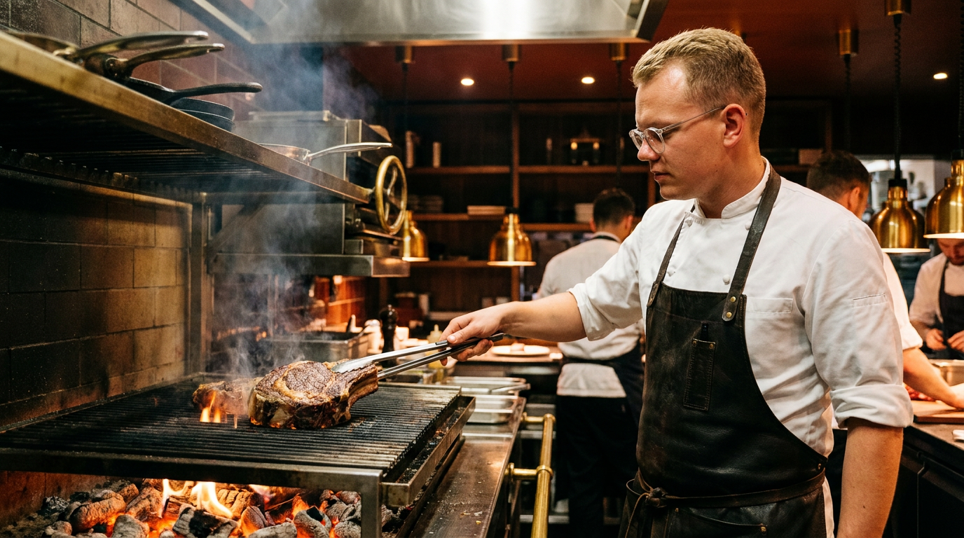 Chef Wilco keert een côte de bœuf op de houtskoolgrill