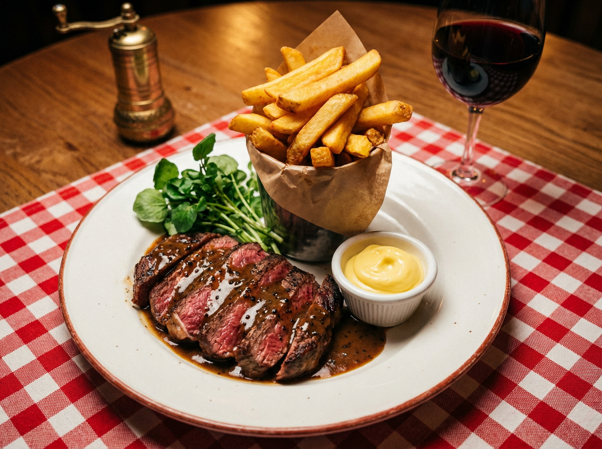 Gesneden entrecôte met pepersaus, friet, mayonaise en een glas rode wijn